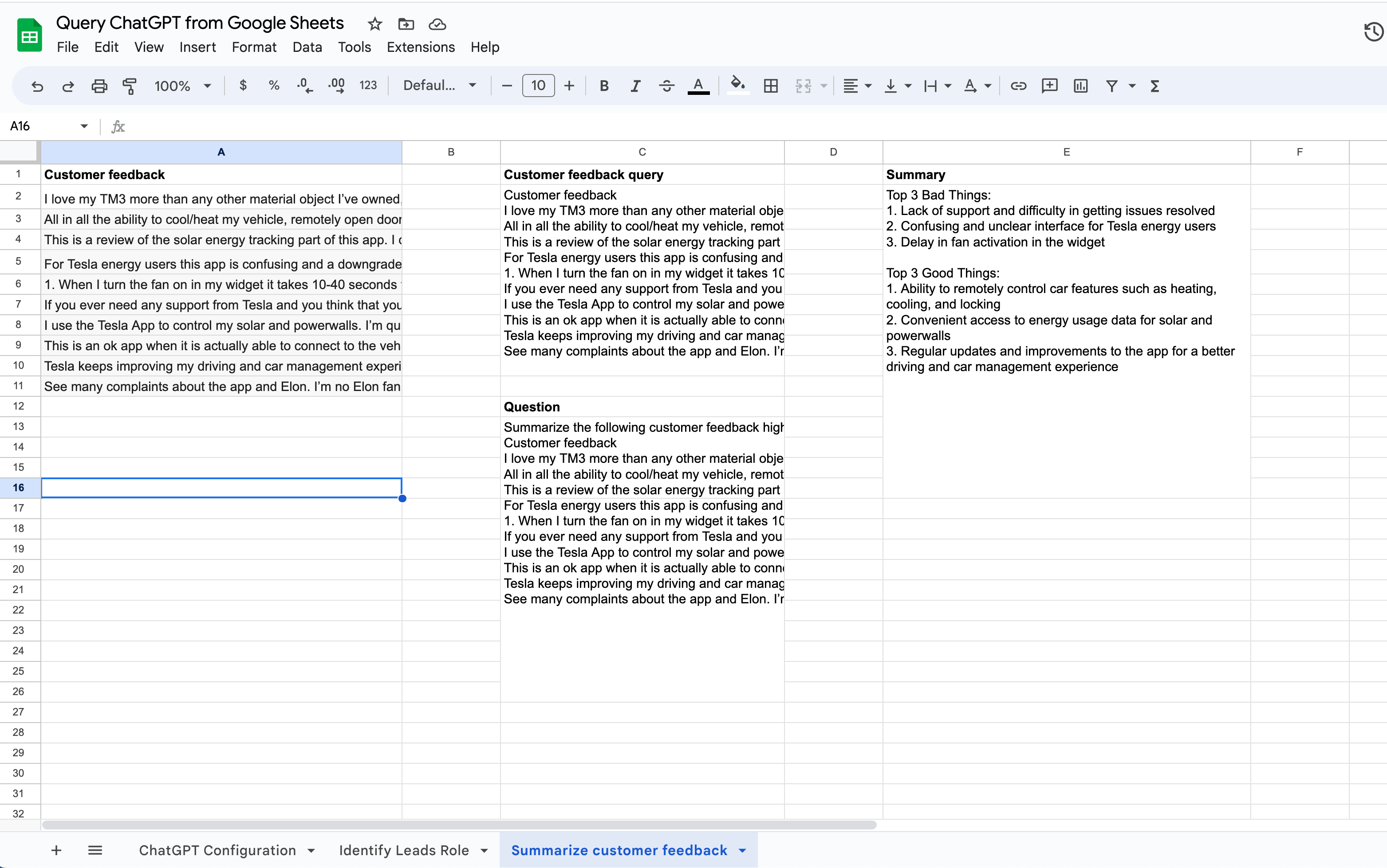 Summarize Customer feedback using ChatGPT in Google Spreadsheets